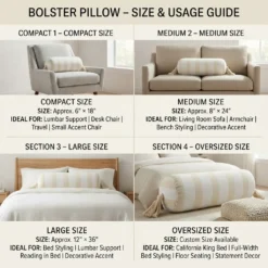 Bolster pillow size and usage guide showing compact medium large and oversized options