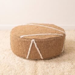 Camel round cotton pouf with raised ivory geometric lines