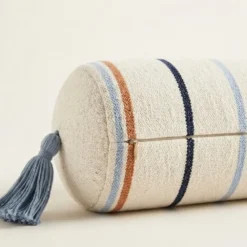 Cream multi stripe bolster pillow cover with blue tassels