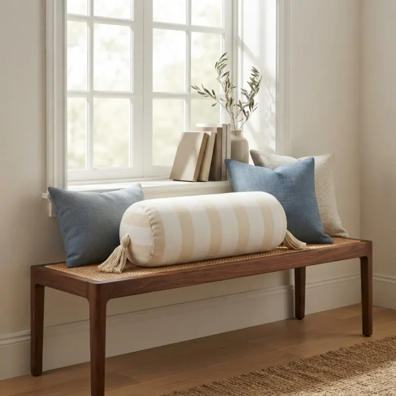 Cream striped bolster pillow and blue cushions on a wooden window bench
