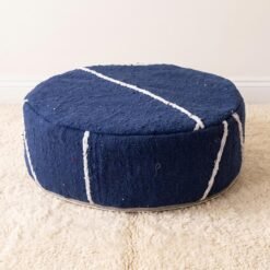 Deep blue round cotton pouf with ivory stripes, 50 cm diameter and 20 cm height