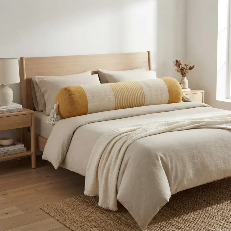 Extra long bolster pillow styled across a neutral bed with handcrafted tassels