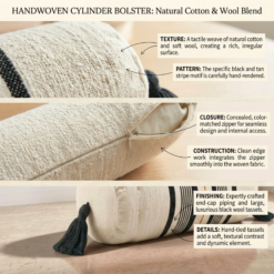 Close-up of handwoven cotton wool Moroccan bolster fabric with black stripes and concealed zipper